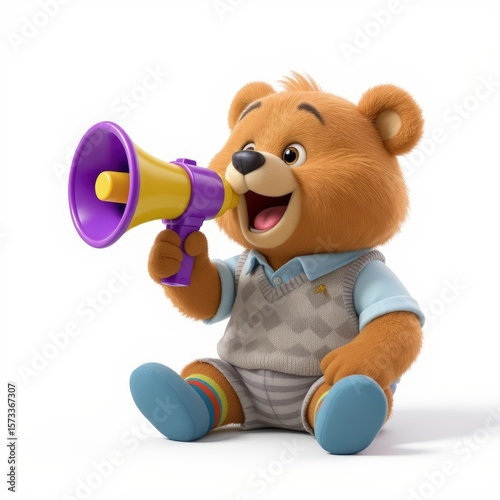 Teddy Bear Shouting Into Megaphone Cartoon Illustration