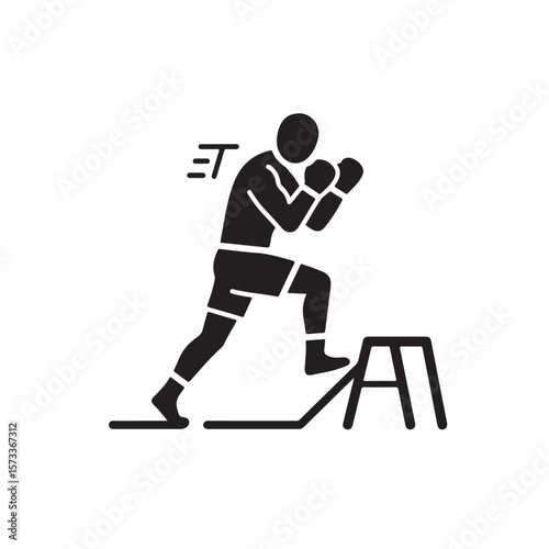 Silhouette athlete wears boxing gloves and steps up on a box for training