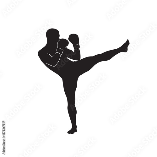 Silhouette shows male boxer kicking high, wearing boxing gloves on a transparent background