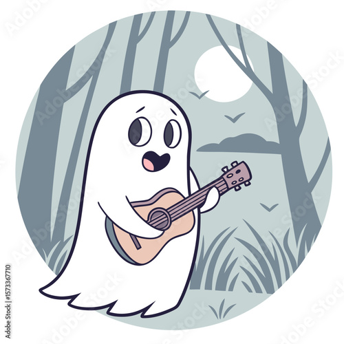 A cheerful cartoon ghost playing an acoustic guitar in a spooky forest under a full moon with birds flying in the sky