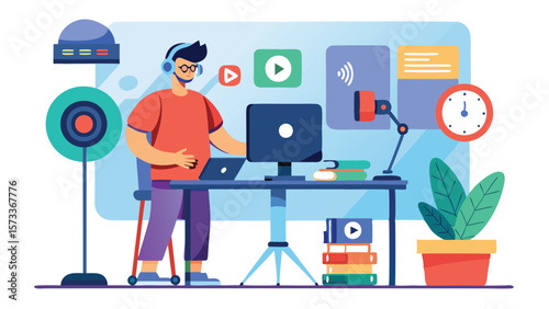 Illustration of a man with headphones working on a computer in a home office setting with a microphone