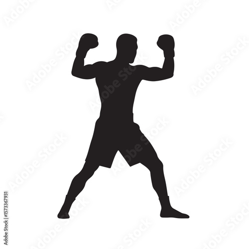 Strong African American boxer wearing gloves is ready for a fight, depicted in silhouette