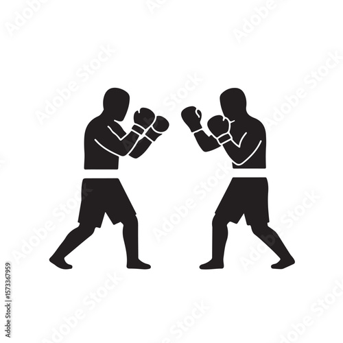 Two black boxers stand facing one another preparing to engage in a fight