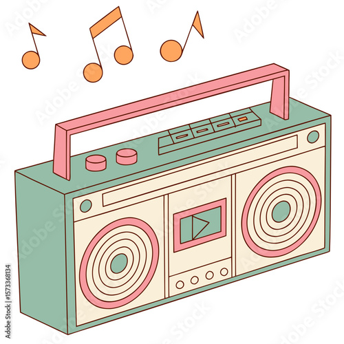 Isometric Retro Boombox Vector Illustration with 1980s Aesthetic, Teal and Pink Pastel Colors, Floating Music Notes, Nostalgic Stylized Cassette Player Design

