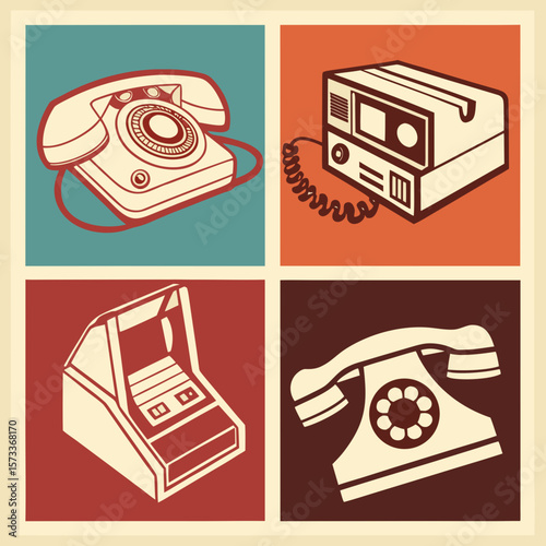 Set of Four Flat Design Vector Icons of Retro Technology Devices – Rotary Phone, Cassette Recorder, Arcade Cabinet – Vintage Style with Muted Colors and Isometric Views


