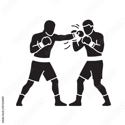 Two black silhouette boxers are actively engaged in intense boxing combat on white