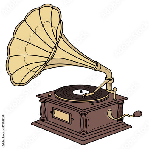 Vintage Gramophone Vector Illustration – Classic Antique Phonograph with Horn, Wooden Base, and Record Turntable in Warm Muted Colors for Retro Music, Nostalgia, and Historical Audio Themes

