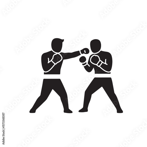 Two boxers are engaged in a fighting match with gloves in black silhouette