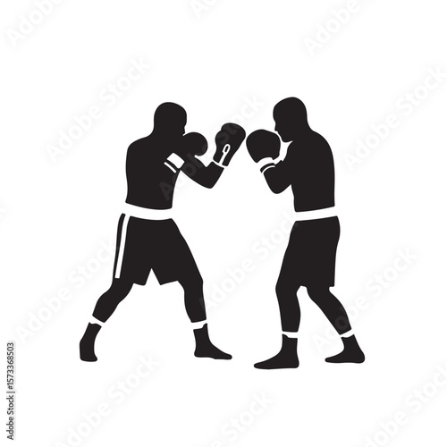 Two boxers in black silhouettes face off, ready to fight with gloves on