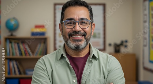 Smiling Teacher in Classroom: Portrait of Educator with Positive Attitude