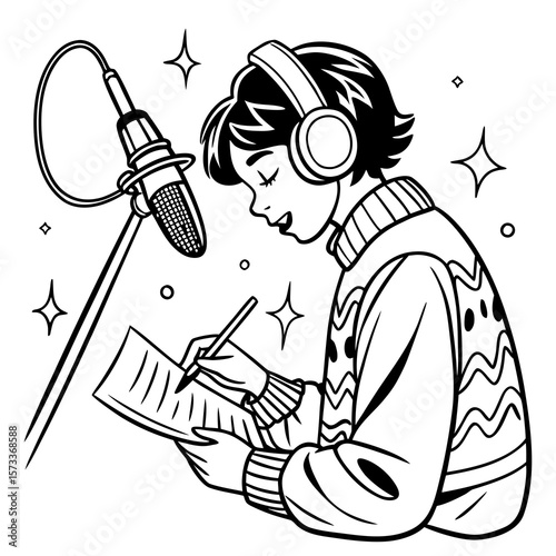 Black and White Line Art Vector of Person Recording with Microphone – Headphones, Notes, Pen, Studio Scene for Podcast, Voice-Over, or Music with Whimsical Elements

