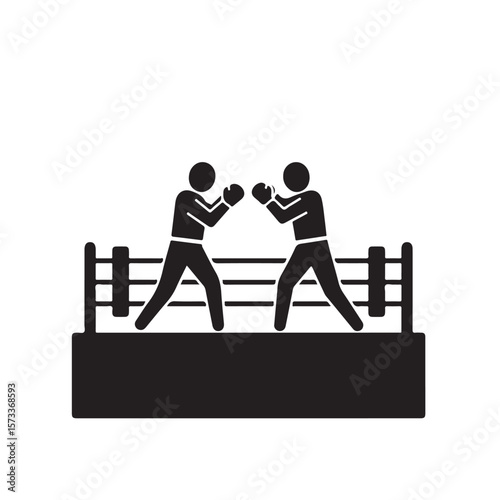 Two silhouette boxers wearing gloves compete aggressively inside the boxing ring during the match