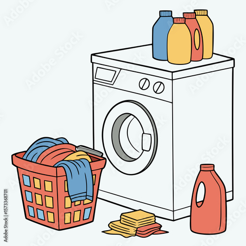 Vector Illustration of Laundry Day Scene with Washing Machine, Detergent Bottles, Laundry Basket, Folded Clothes – Clean and Colorful Household Concept

