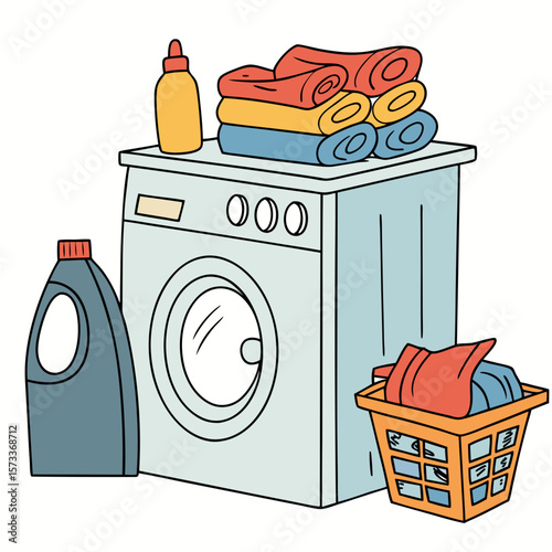 Vector Illustration of Laundry Room Scene with Blue Washing Machine, Folded Towels, Detergent Bottles, and Full Laundry Basket – Clean and Organized Domestic Design


