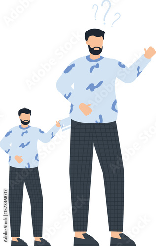 Conceptual illustration of two men, one tall and one short, with question marks above the taller man's head.

