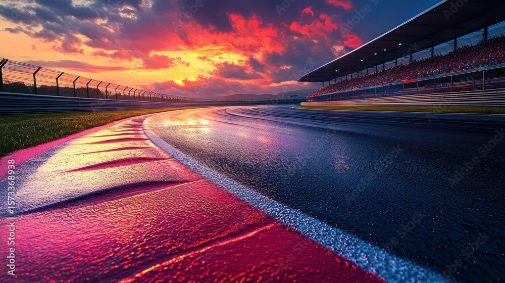 Obraz premium Sunset racing track, wet asphalt