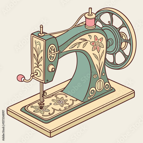 Charming Vector Illustration of Vintage Sewing Machine in Isometric View – Teal and Cream Color Scheme with Floral Engravings, Flywheel, and Spool of Thread on Wooden Base

