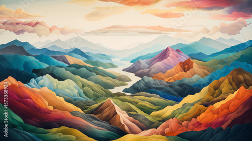 Vibrant mountain landscape with colorful peaks