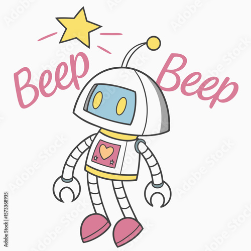 Cute Cartoon Robot Vector Illustration – Friendly Stylized Bot with Beep Beep Text, Heart, Stars, Antenna, and Yellow Eyes on Light Blue Screen


