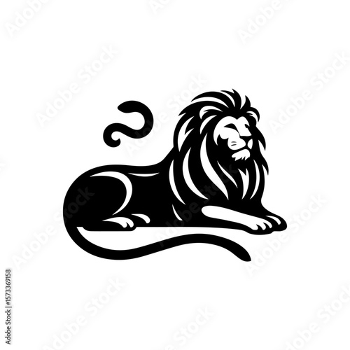 Black and white illustration of a regal lion in a reclining position, with a stylized mane and curled tail.