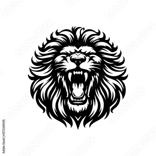 A fierce lion head depicted in a stylized black and white vector illustration with an open mouth and sharp teeth.