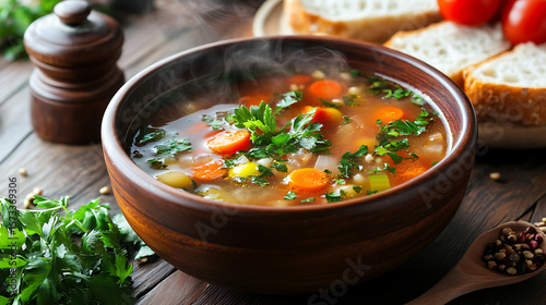  A steaming bowl of vegetable soup with fresh herbs and a side of whole grain bread 