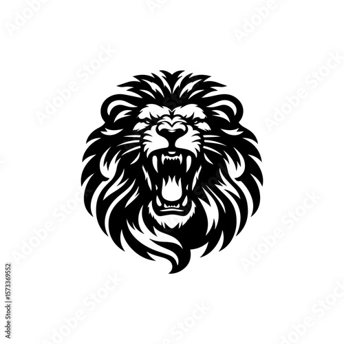 A black and white illustration of a roaring lion's head.