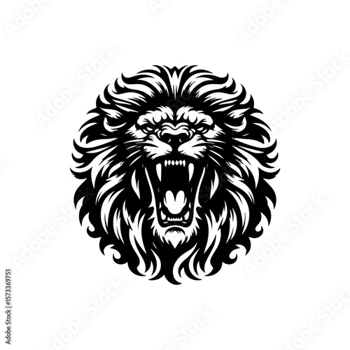 A stylized black and white illustration of a roaring lion's head with a prominent mane.