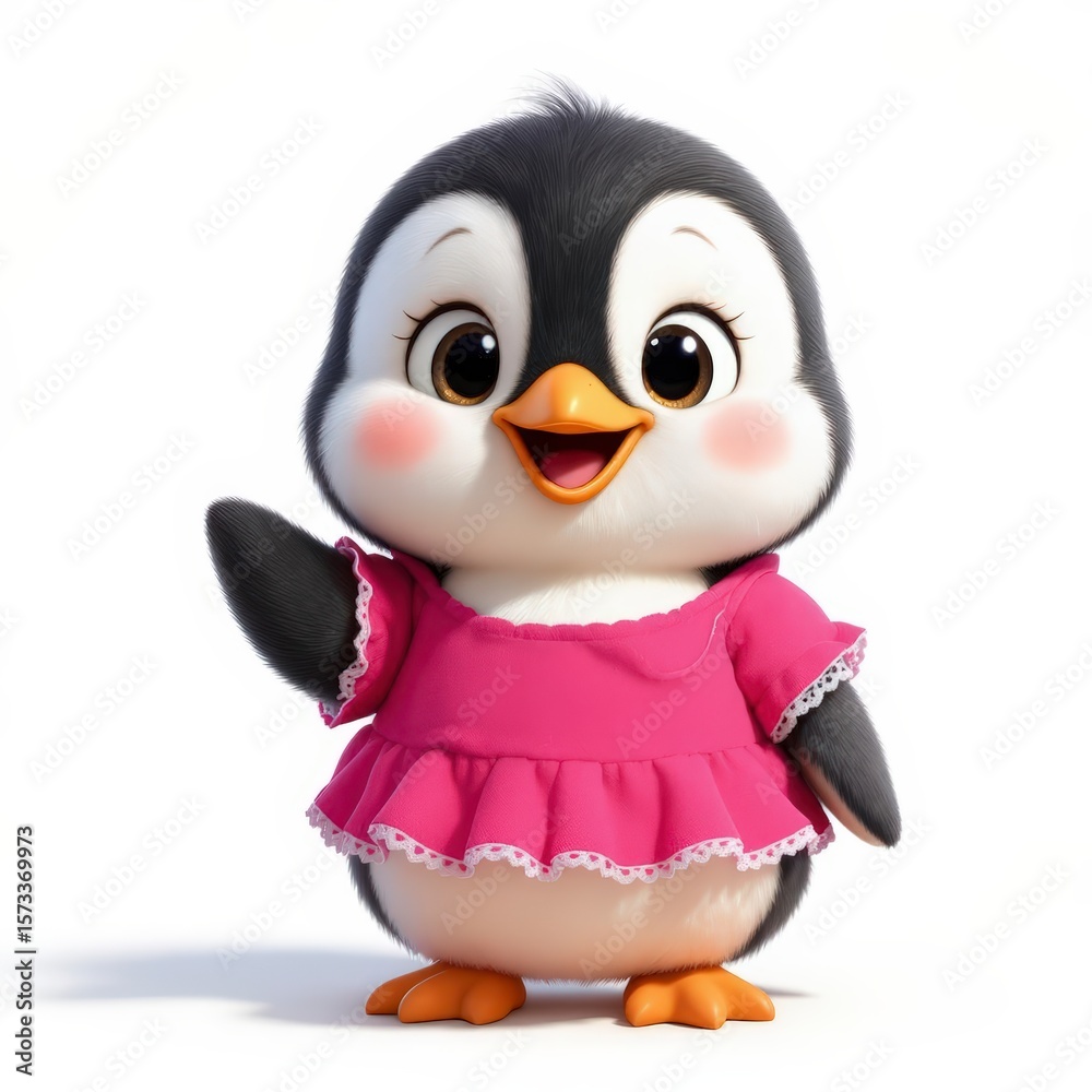 Fototapeta premium Cute Baby Penguin Character in a Pink Dress Waving Happily on a White Background