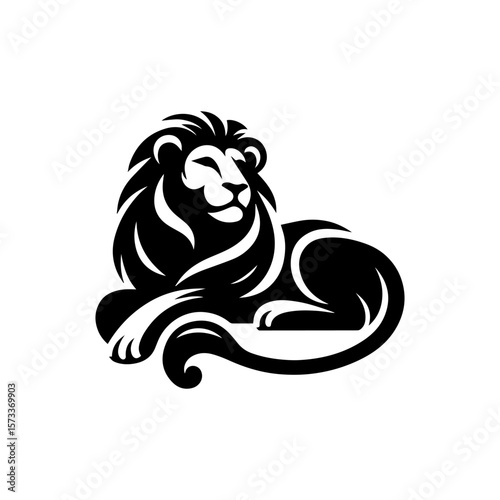 A stylized black and white illustration of a reclining lion with a prominent mane and curled tail.