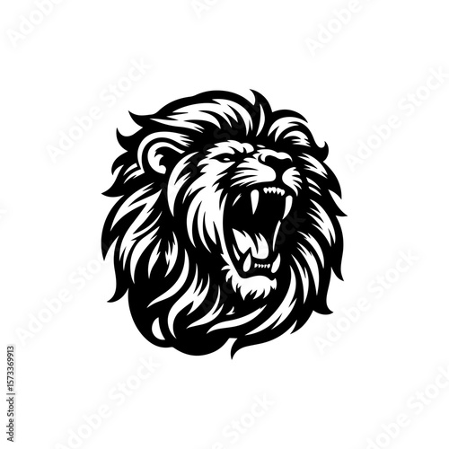 A black and white illustration of a roaring lion's head, showing teeth.