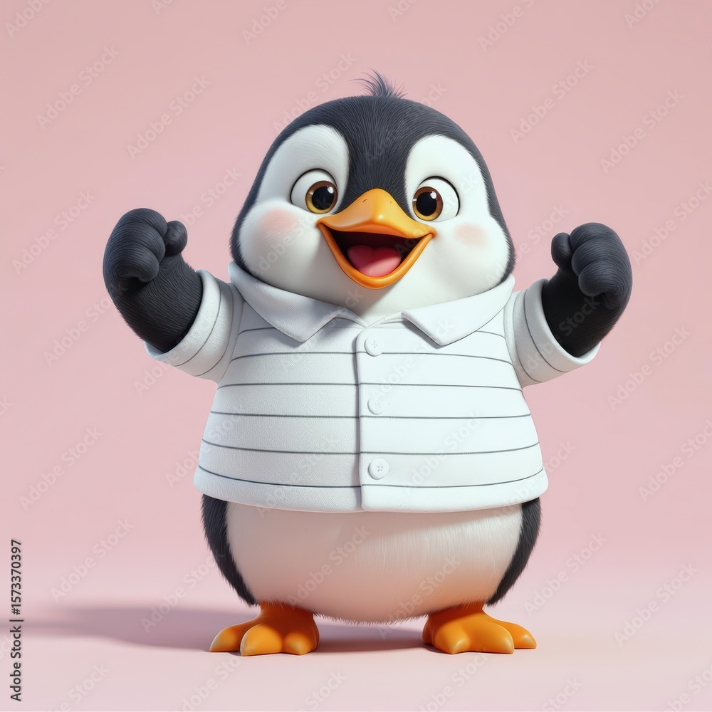 Obraz premium Cute cartoon penguin character celebrating with a joyful expression and raised fists on a pink background