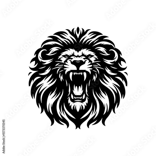 A black and white illustration of a roaring lion's head, displaying teeth.