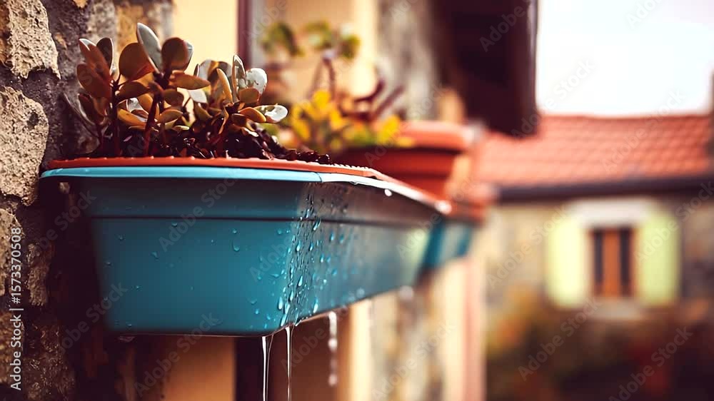 Exterior wall planter with succulents and raindrops