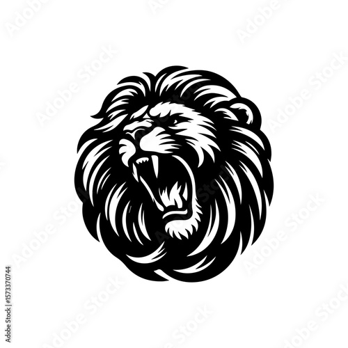 A black and white illustration of a roaring lion's head with detailed mane.