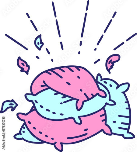 illustration of a traditional tattoo style pile of pillows in bright neon color