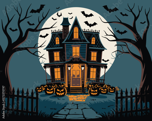 Stylized Halloween Night Scene with Glowing Windows