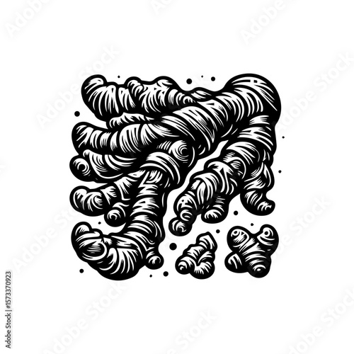 Artistic black and white illustration of ginger root with detailed textures and shapes.