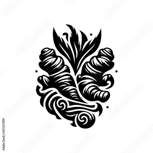 Stylized black and white illustration of ginger root with leaves and decorative swirls.