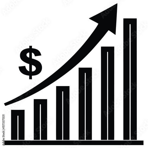 Black silhouette of a financial bar chart with an upward trending arrow and a dollar sign indicating growth and success