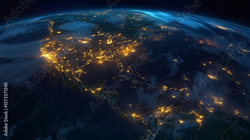Vibrant night view of Earth planet showcasing urban areas and landscapes from space
