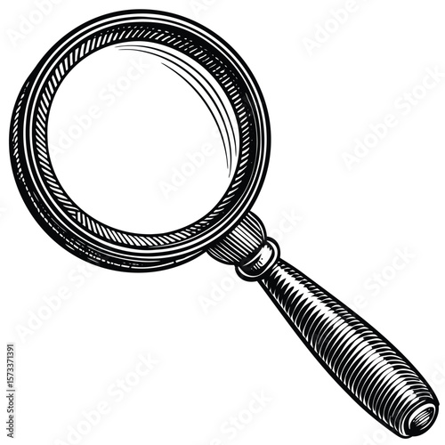 Detailed black and white engraving style illustration of a magnifying glass with a wooden handle silhouette