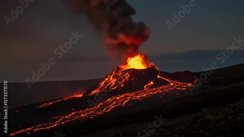 Volcanic eruption at night with lava flowing down the mountain side and smoke rising above it all