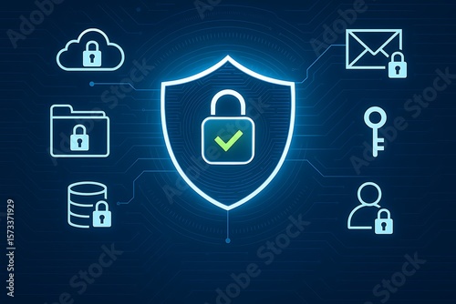 Cybersecurity data protection shield lock cloud email key user folder database safety privacy network on transparent background