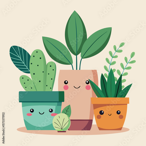 Kawaii Plant Pots Vector Set – Smiling Indoor Plants