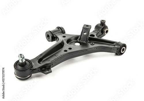 Close up shot of a black car suspension control arm isolated on a white studio background view