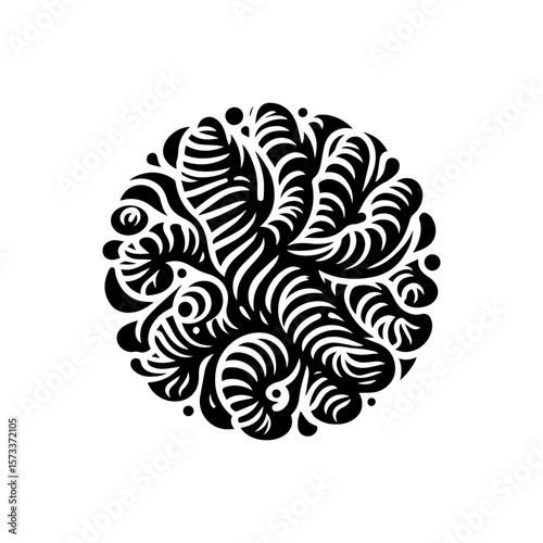 A stylized black and white circular design with intricate swirling patterns.
