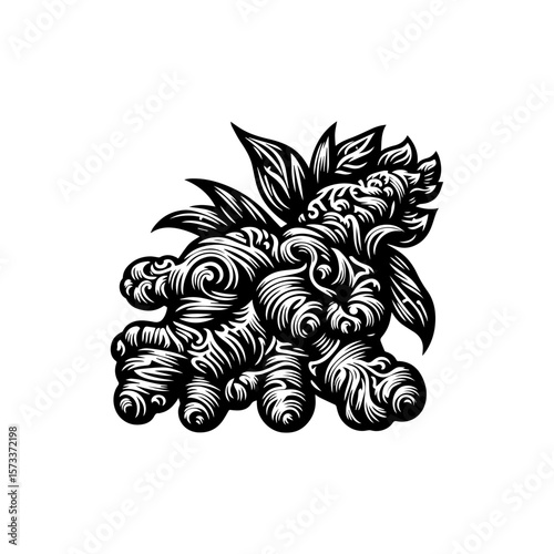 Detailed black and white illustration of a stylized ginger root with leaves, featuring intricate swirl patterns.