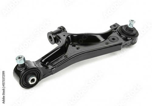 A black metal car suspension arm component isolated on a white background in a studio setting