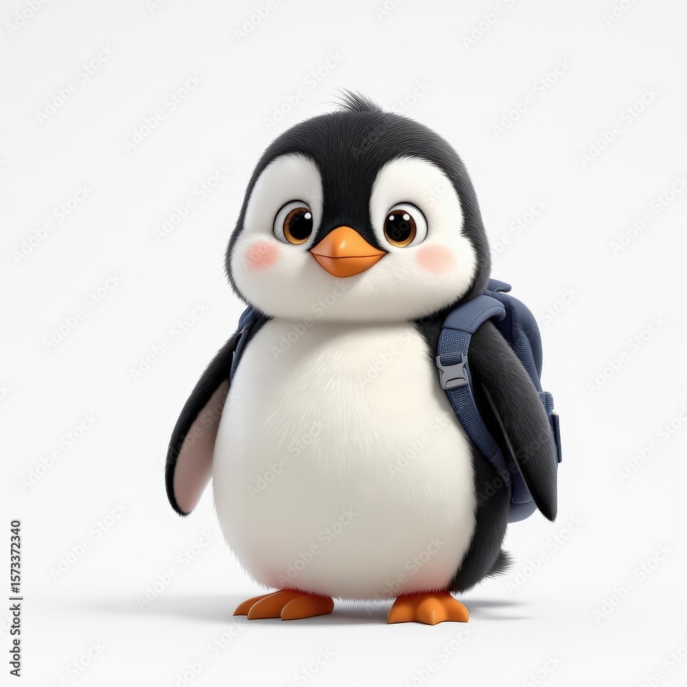 Naklejka premium Adorable Baby Penguin Student Wearing a Blue Backpack on a White Background